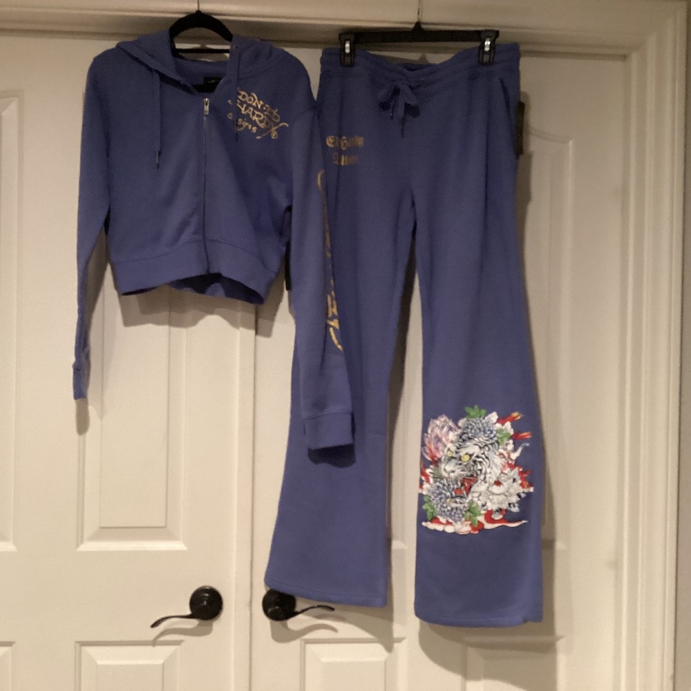 Ed Hardy 2 Pc Pants  Set, Size Large, Color Blue Multi Color NWT